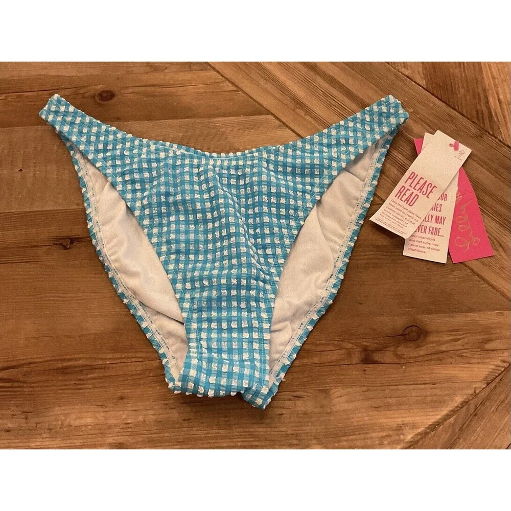 Lilly Pulitzer Pico High Cut Bikini Bottom Plaid Blue Size 4 Turquoise NWT‎ $78